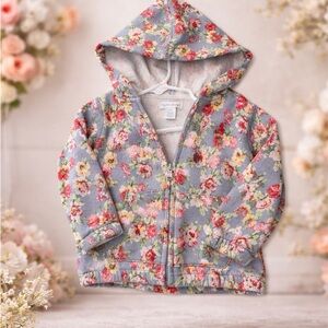 Floral Hooded Zip Jacket for Kids - Blue with Pink & Yellow Flowers